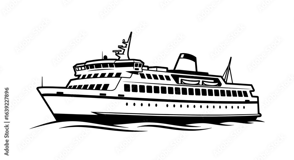 Obraz premium A black and white vector illustration of a passenger ferry ship sailing on the water. A simple line art icon of maritime transport and sea travel.