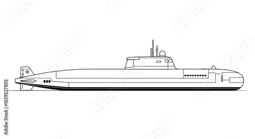 A technical line drawing of a military submarine, showcasing a side profile view. A vector illustration of a naval underwater vessel.