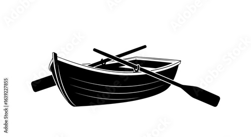 Tableau sur toile Vintage wooden rowboat with oars, monochrome vector illustration
