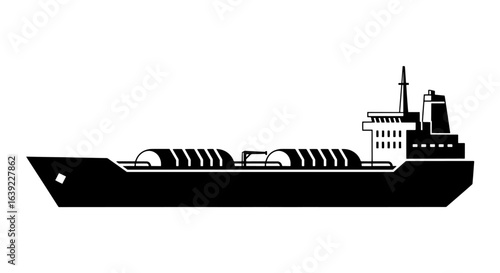 A black silhouette icon of a liquefied natural gas carrier ship. Vector illustration of an industrial tanker vessel for maritime transport.