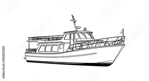 Minimalist line art illustration of a charter boat. A simple black and white drawing of a motor yacht on a clean background.