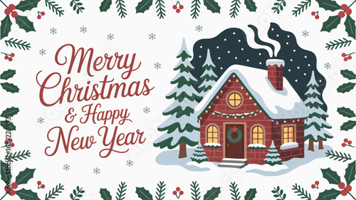 Merry Christmas Happy New Year Greeting with Snow Covered House and Trees card