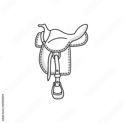 A simple black and white doodle of a horse saddle. This hand-drawn vector sketch is perfect for equestrian, cowboy, or horseback riding themes and designs.