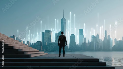 Businessman looking at city skyline with upward arrows signifying growth and success,, 4k video footage