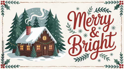 Rustic Log Cabin with Christmas Lights and Merry Bright Greeting card