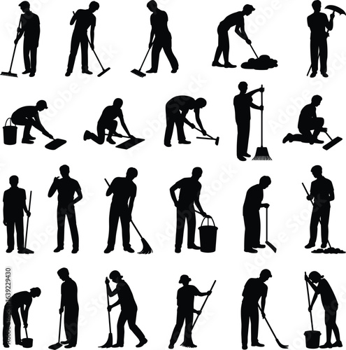 Silhouette people cleaning, sweeping, mopping, working with tools, flat vector illustration, black human figures, janitor poses, housekeeping, maintenance activities