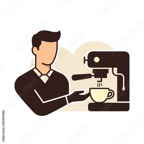 A professional and elegant flat design icon for a barista. A minimalist barista figure is depicted in harmonious synergy with a coffee machine, with a cup being filled, symbolizing the precision