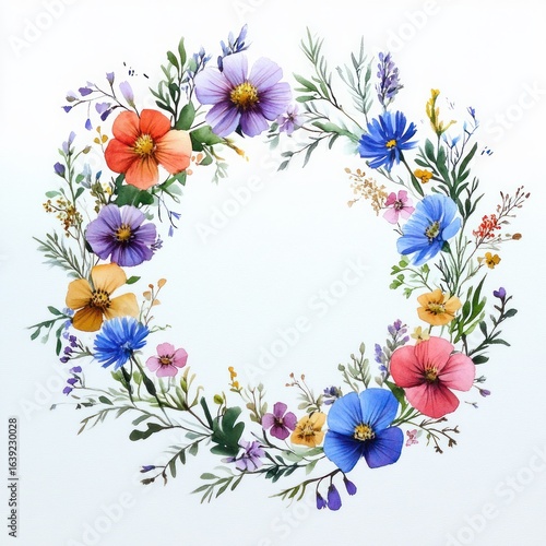 Delicate circular floral wreath composed of colorful flowers and green leafy branches on a clean white background evoking freshness and natural beauty