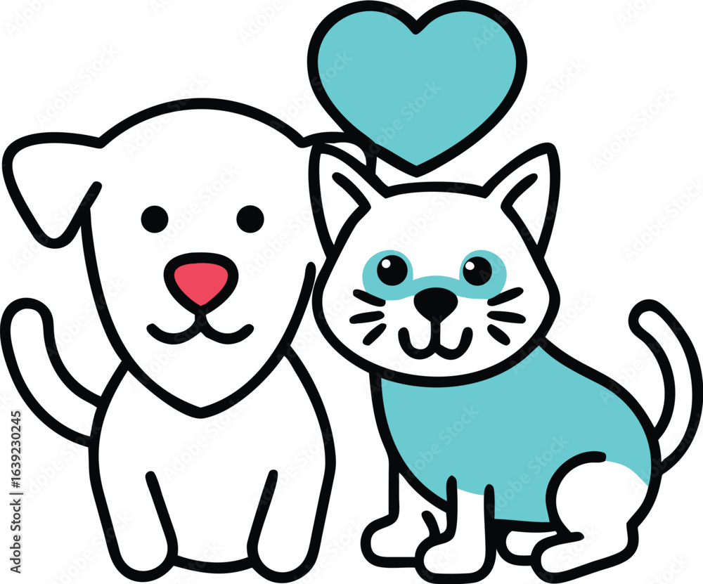 Naklejka premium Cute Dog and Cat Friends Under a Heart