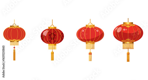 Collection of traditional red Chinese lanterns symbolizing good fortune. Isolated vector illustration set for Lunar New Year and Asian festival celebration.