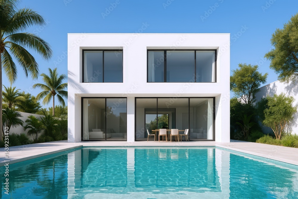 Fototapeta premium Modern White Architectural Residence with Swimming Pool and Tropical Palm Trees Under a Clear Blue Sky