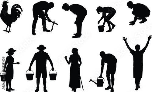 Silhouette farmers working, carrying buckets, gardening, village life, flat vector illustration, black human figures, rural activities, agriculture poses, countryside lifestyle