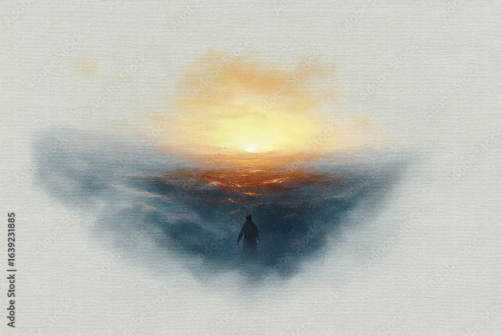 Fototapeta premium Silhouette of a lone figure walking through a misty landscape towards a glowing sunset above dark clouds