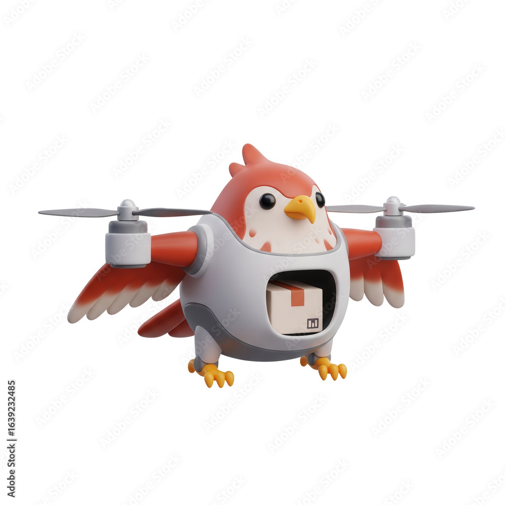 Naklejka premium Cute Cartoon Bird Drone Concept Delivering Packages In A Transparent Background Environment
