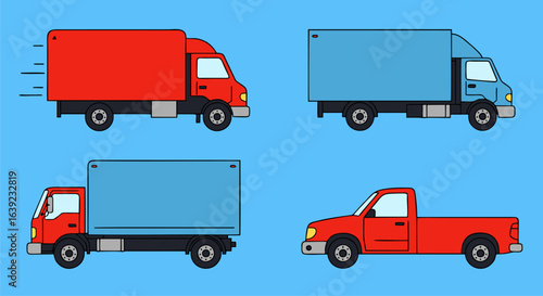A collection of commercial delivery trucks and a pickup vehicle. Vector illustration set of transportation vehicles for logistics and freight.