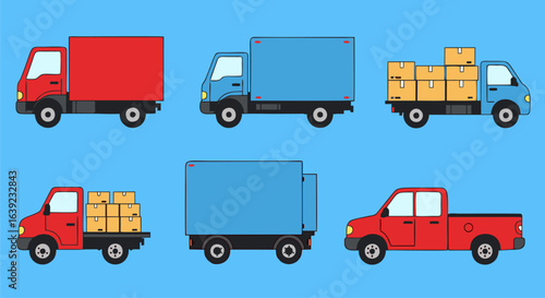 A collection of commercial delivery trucks and transport vehicles. Vector illustration set for logistics, shipping, and cargo transportation concepts.