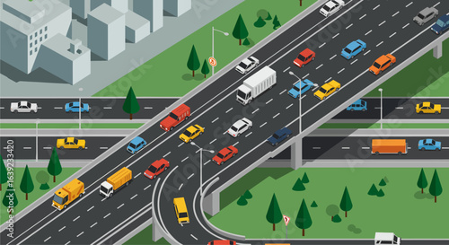 Isometric view of a bustling city highway with heavy traffic flow, an overpass, and urban infrastructure.