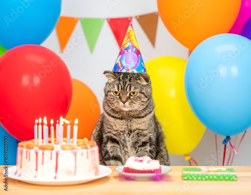 Grumpy cat in party hat, birthday decorations