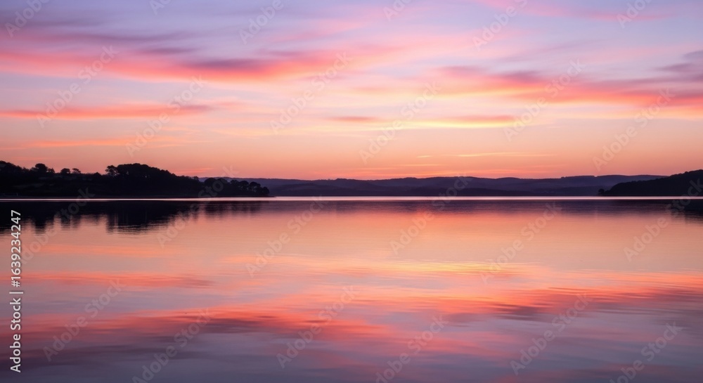 Naklejka premium Serene Sunset Over Calm Lake with Pink and Orange Sky Reflections