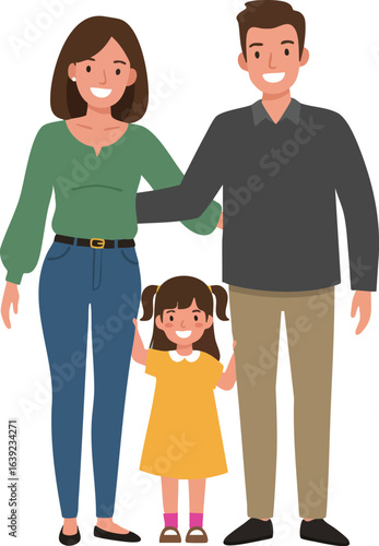 Happy family of three holding hands with smiling parents and daughter in casual clothes vector illustration 
