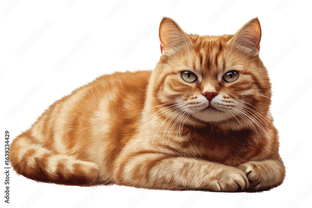 Obraz premium British cat relaxing comfortably on a transparent background, showcasing its distinctive orange tabby coat and expressive eyes while lying in a serene posture