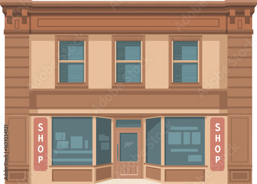Flat illustration of two-story vintage storefront with large display windows, classic shop facade, retro commercial building for small business branding