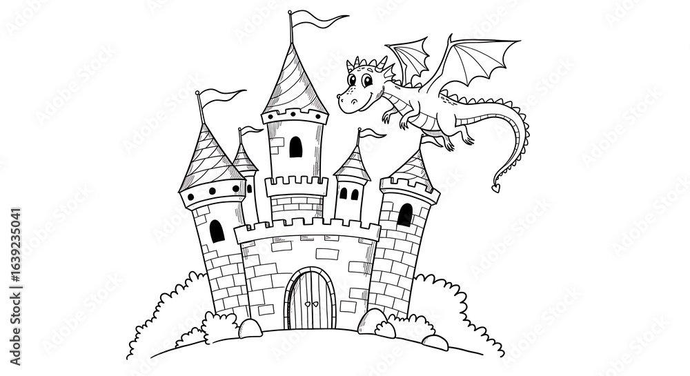 Naklejka premium Friendly dragon soaring over a whimsical fairytale castle.