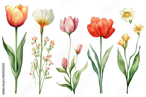 Wallpaper Mural Watercolor spring flowers collection featuring vibrant tulips and delicate blossoms in a fresh seasonal arrangement Torontodigital.ca
