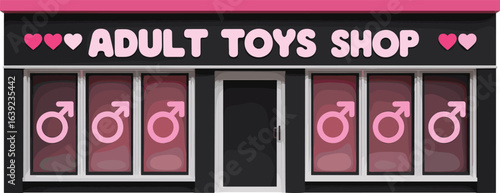 Flat vector illustration of adult toys shop exterior, erotic store building facade, pink and black color design, adult product storefront