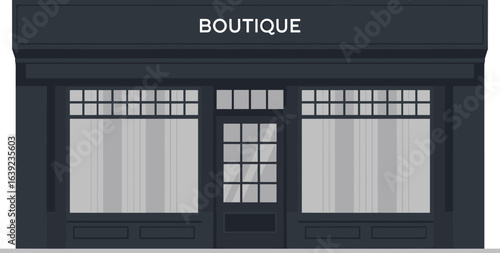 Flat vector illustration of modern boutique storefront, minimalist retail building design, fashion shop exterior, urban shopping architecture in grey tones