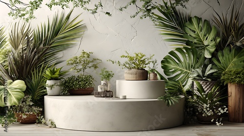 Two-tier podium for luxury product display, glossy ceramic finish, surrounded by tropical foliage, neutral white background, high-resolution 3D render, professional studio lighting