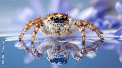 Wallpaper Mural A close-up of a jumping spider on a flower petal, its eyes reflecting the camera lens and sky Torontodigital.ca