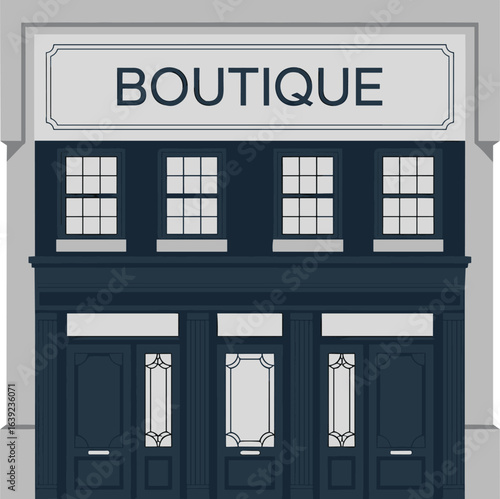 Minimalist boutique storefront illustration, classic architecture design, elegant shop facade, vintage style building, urban street, retail business exterior
