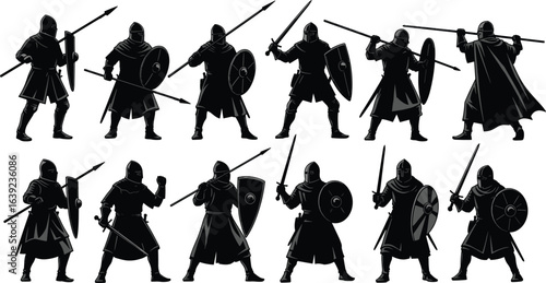 Medieval knights silhouettes, warriors with swords and shields, black armor fighters, historical battle poses, ancient soldiers, combat stance, vector illustration, isolated background