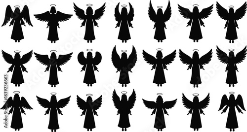Silhouette angel wings collection, black holy figure set, religious guardian shapes, halo and robe clipart, spiritual heaven design vector illustration