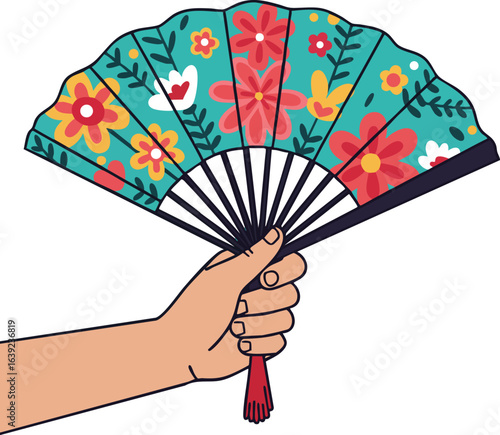 Hand holding colorful floral folding fan with teal background and red flowers vector illustration 