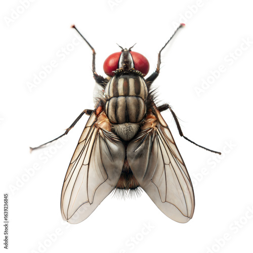 Detailed macro photograph of a housefly with red eyes