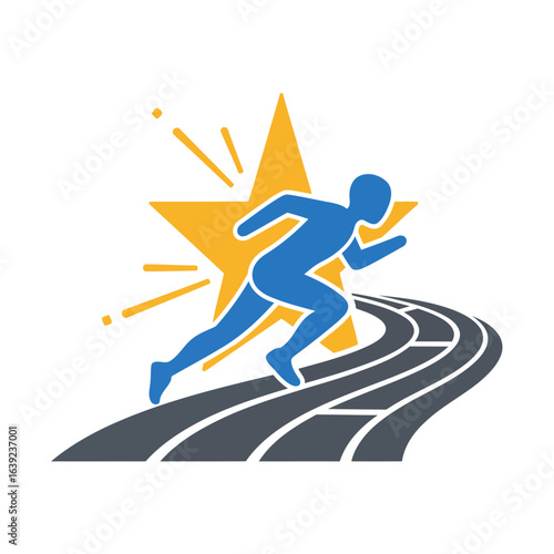 A simple icon for athletics. A blue runner on a gray track surges forward with a golden star behind them, symbolizing speed, victory, and the pursuit of excellence