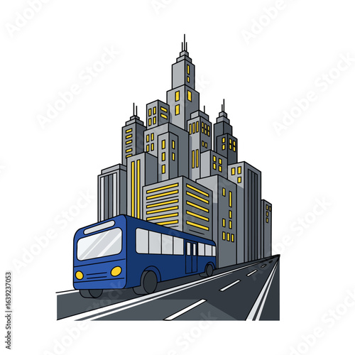 A sleek and professional flat design icon for a big city street. A modern bus travels down a clean street towards a skyline of towering buildings, symbolizing urban progress and dynamic city life