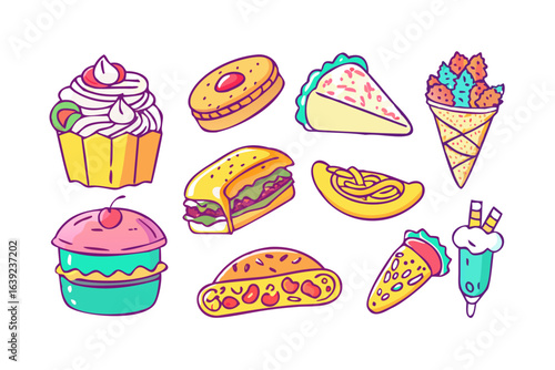 Delicious food vector art featuring cupcake sandwich pizza ice cream and various sweet and savory snacks