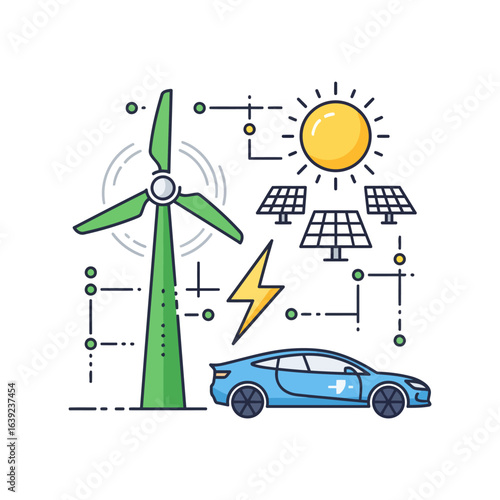 A tech icon for a Clean Energy Exhibition. A central wind turbine and sun with solar panels power an EV and a smart grid network, symbolizing a sustainable future