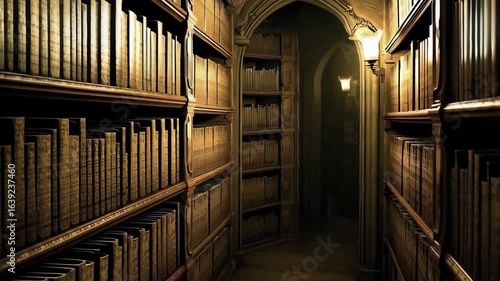 Wallpaper Mural Long, narrow library with shelves of books. light is dim, giving old books in vault. library of ancient manuscripts. concept Torontodigital.ca