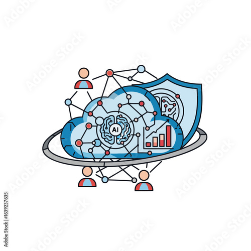 A tech icon for Oracle Cloud World. A cloud and its network seamlessly blend with symbols for AI, analytics, collaboration, and security