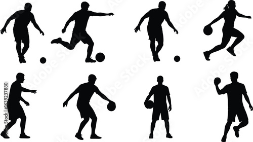 Silhouette athletes playing soccer, basketball, and handball, sports action poses, dynamic movement, fitness training, black outline figures on white background, vector illustration