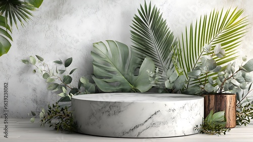 3D product display podium, round marble platform with subtle veins, surrounded by artfully arranged tropical leaves, pure white seamless background, minimal and elegant style, soft natural light
