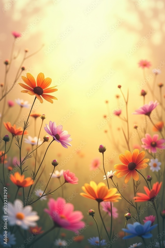 Obraz premium A pastel drawing of a tranquil, sun-drenched meadow filled with wildflowers. 
