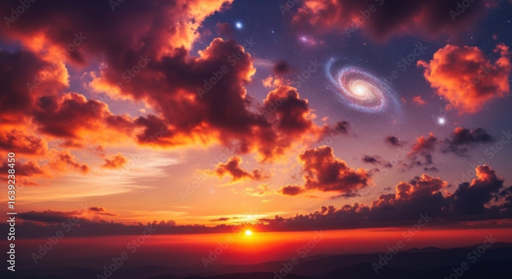 Fototapeta premium Vivid Sunset Sky with Colorful Clouds and Galaxy View Over Mountain Horizon