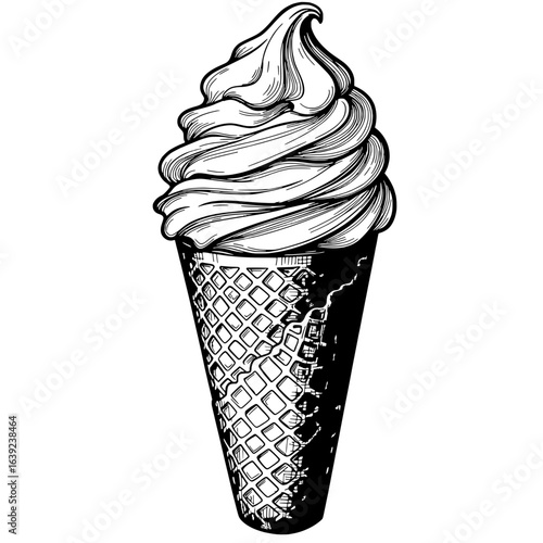 Ice Cream Cone Delight: A delectable ice cream cone, swirled with creamy goodness in monochrome graphic, is captured in meticulous detail, inviting us to savor the simple pleasure of indulgence.