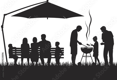 Family barbecue gathering, people sitting on bench, outdoor cooking scene, grilling food, summer picnic, black silhouette art, park leisure activity illustration