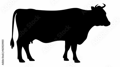 Silhouette of a cow standing in profile with visible horns tail and udders in a black and white image style